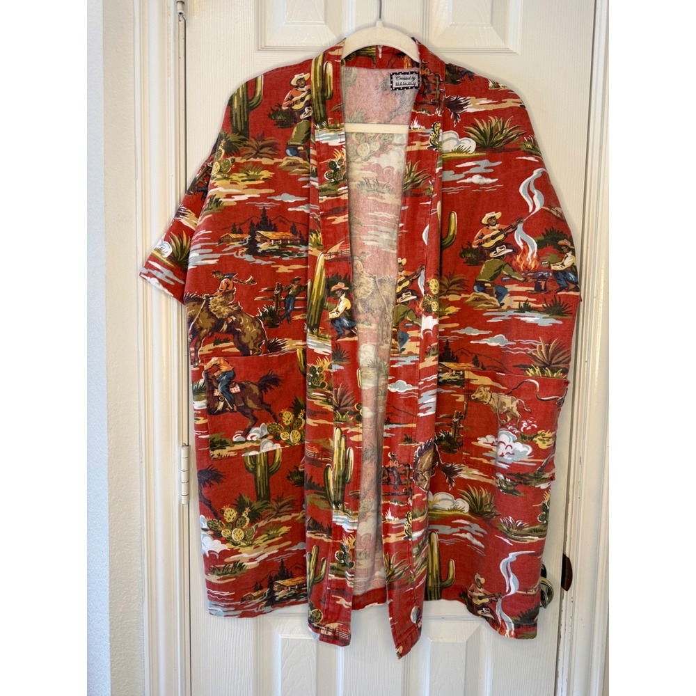 Western Desert Duster Kimono Jacket Cowboy Cactus Print Southwestern Boho - Picture 2 of 10